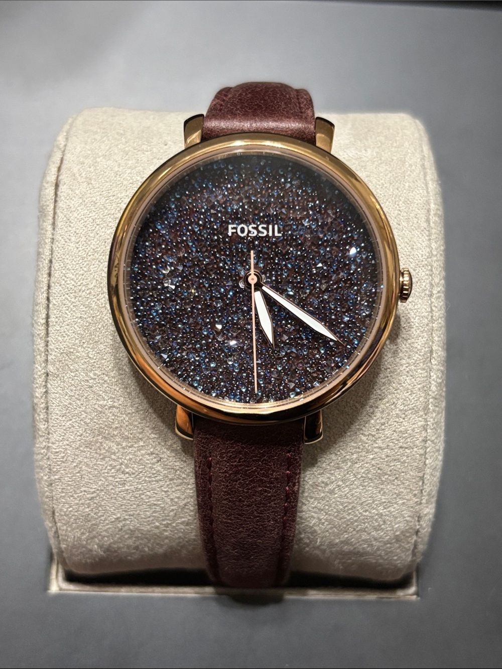 Fossil Rose Gold Case Brown Glitter Dial Burgundy Leather Strap Watch